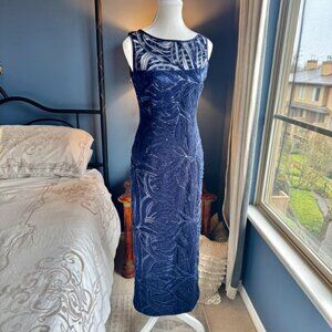Tahari Navy Midnight Blue Sequinned Evening Maxi Gown Dress